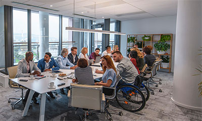Employees sitting around a conference table.