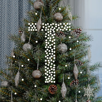 Christmas tree with lights spelling a T.